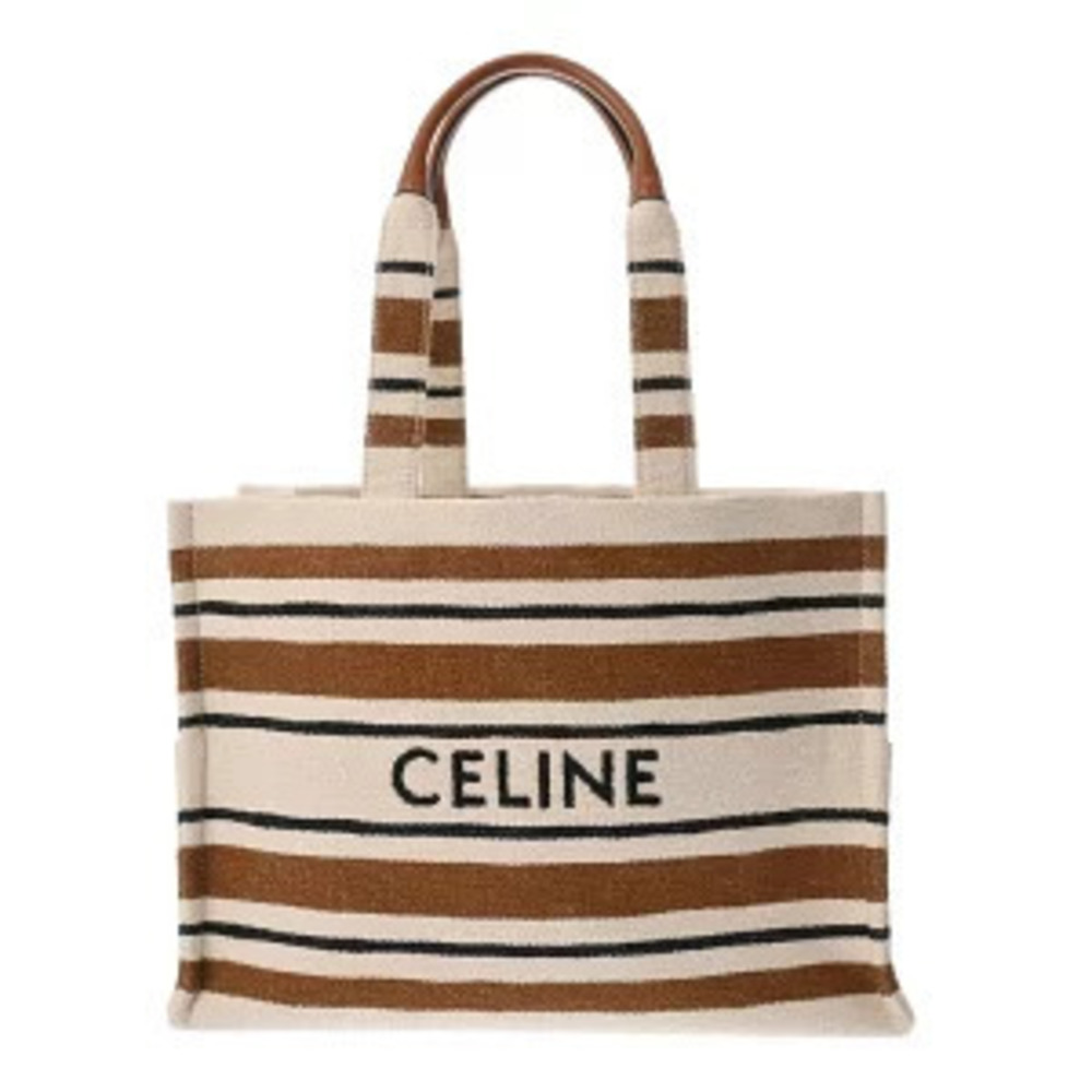 Celine Cabas Thais White Brown Black Jacquard Stripe Textile Tote Bag
